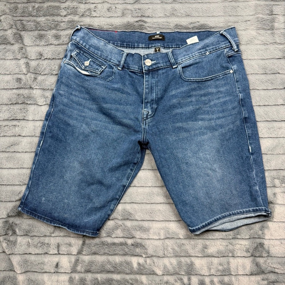 True Religion Ricky Relaxed Straight Denim Shorts Mens 38 Blue Flap Pocket